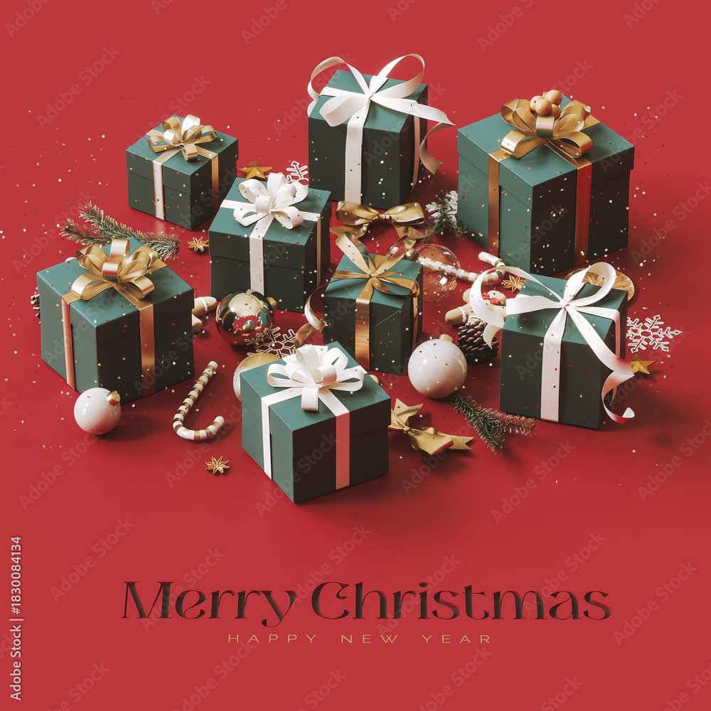 Fototapeta premium Christmas decoration with green Christmas presents on red background with text. Christmas greeting card design. 3D Rendering, 3D Illustration