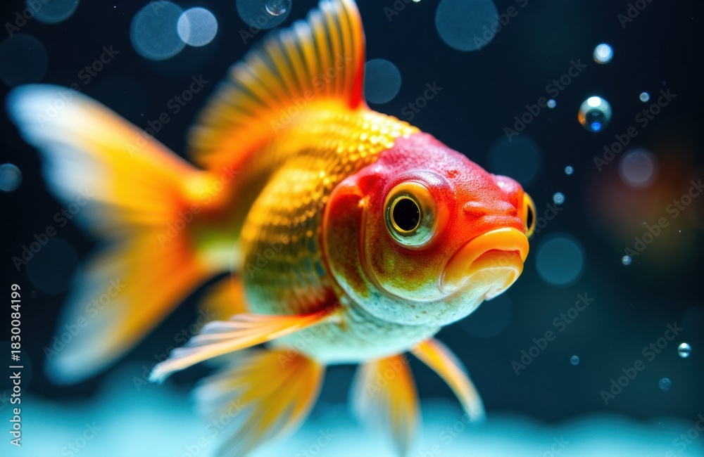 Fototapeta premium Goldfish swimming in clear water with bubbles and a soft blue background