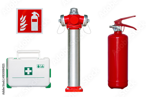 fire extinguisher, fire hydrant, first aid kit isolated on white background