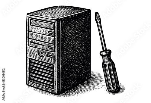 Detailed vintage engraving illustration of a desktop computer tower with screwdriver — stock vector.