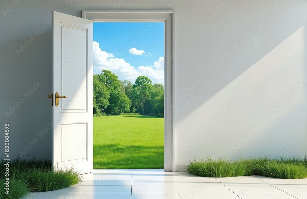 Fototapeta premium Open door reveals sunny green field. Sky is bright blue with white clouds. Fresh nature view from the house room. Concept of freedom opportunity, escape from problems and travel, landscape scenery.