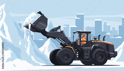 Large loader piling up snow mountains in a cityscape background, vector   