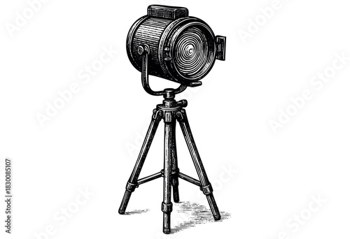 Detailed vintage engraving illustration of a studio spotlight or camera on tripod — stock vector.