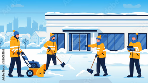 Professional team managing commercial property snow during winter, vector    