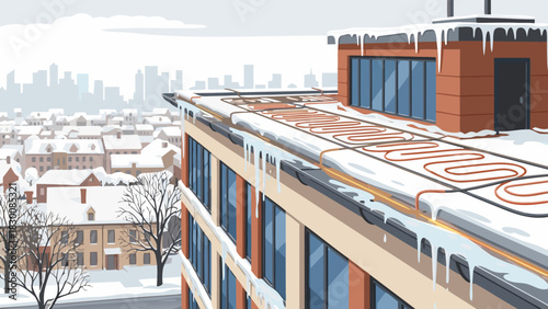 Roof melting system preventing heavy ice buildup on building during winter, vector  