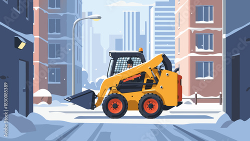 Skid steer navigating a narrow apartment complex in winter snow, vector 