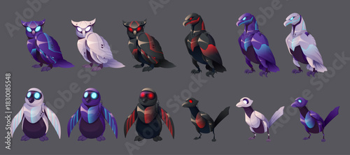 Futuristic metallic robotic birds designed in a cyberpunk style