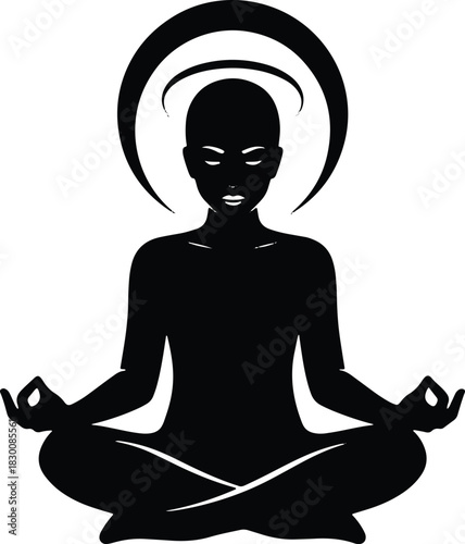 Black silhouette of a person meditating with eyes closed and halo meditation yoga