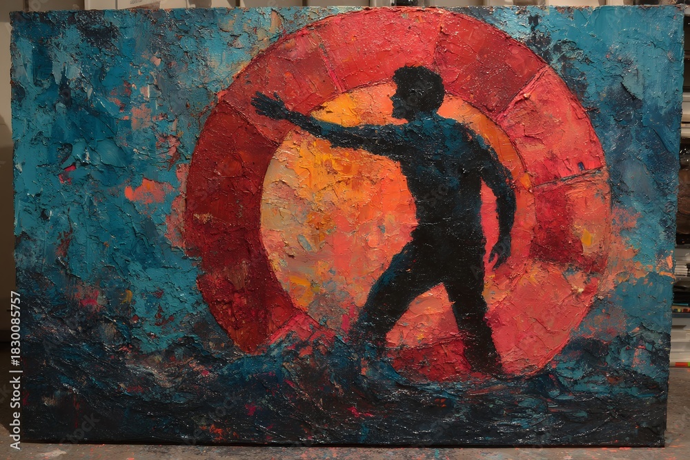 Obraz premium silhouette of a rescuer in a palette knife painting