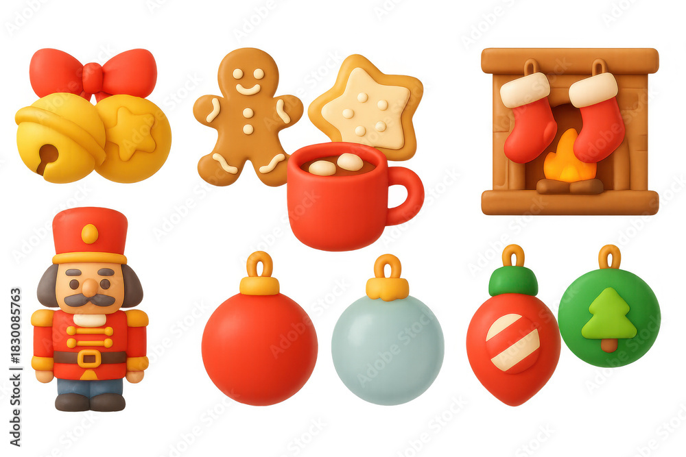 Obraz premium Festive christmas icon set featuring nutcracker, ornaments, and gingerbread for holiday design