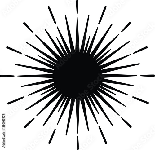 Black starburst graphic with sharp points and radiating lines on white sunburst explosion