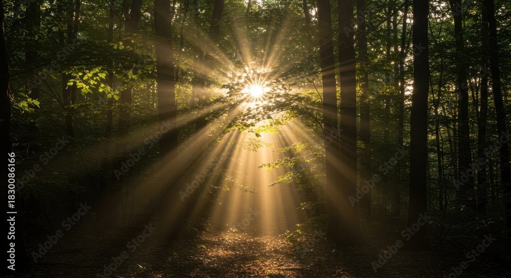 Fototapeta premium Brilliant morning sun filtering through thick forest canopy creating strong atmospheric lighting effects, intense lens flare, and deep shadows ,backlight ,nature ,contrast