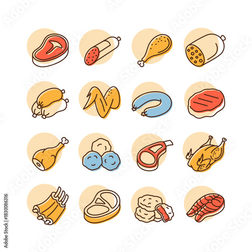 Meat Cuts and Processed Food Minimal Icon Set