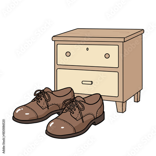 Brown leather shoes next to a wooden nightstand with drawer  