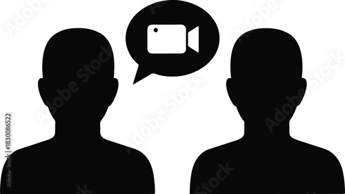 Two black silhouette heads facing each other with a video camera icon in a speech bubble people communication