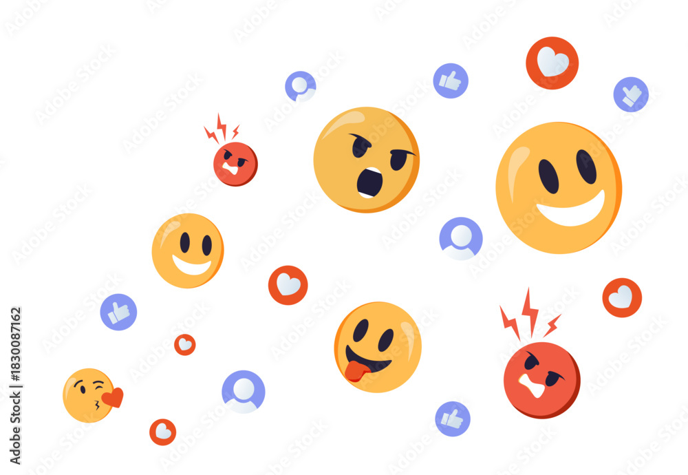 Obraz premium Social media react emoji icons scattered on a white background. This design represents social media reactions. Positive