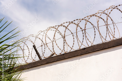 Lilongwe Malawi Africa. 11.11.2025.  Razor wire coiled on top of a wall surrrounding a Malawian garden.