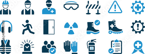 A detailed collection of safety icons representing workplace protection, emergency procedures, regulatory compliance, occupational health symbols, hazard warning signs, PPE illustrations, industrial s