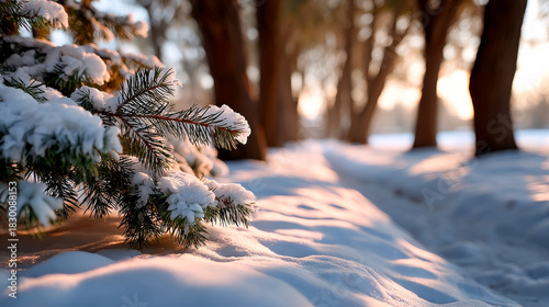 Snowy winter scene with sunlit trees. Fresh snow blankets a path and evergreen branches, with sunlight filtering through tall trees, creating serenity.