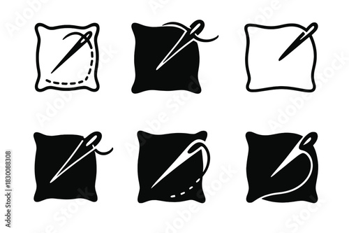 Sewing Pillowcase Logos. Sewing pillowcase. Set Logo of Sewing pillowcase: needle stitching along edge. harmonious logo variations of the same emblematic