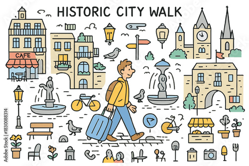 Charming City Stroll. Historic city walk. Hand-drawn doodle illustration person walking (colored), cobblestone street (colored), historic buildings (colored),