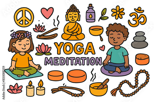 Yoga and Meditation Doodles. Yoga and Meditation. Colorful Hand-drawn doodle Children illustration Yoga and Meditation yoga mat, lotus flower, meditation