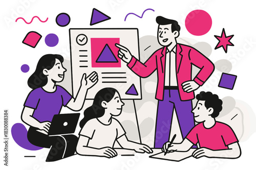 Creative Project Collaboration. Team Leaders Guiding Teams in Creative Projects. Team collaborating on a design board with leader giving directions, floating