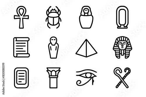 Egyptian Relic Icons. Egyptian relics. Line icon set of Egyptian relics: ankh, scarab, canopic jar, cartouche, papyrus, ushabti, pyramid model, pharaoh mask,