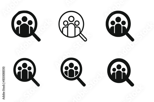 Inclusive Hiring Logos. Inclusive hiring. Set Logo of Inclusive hiring: magnifying glass over diverse figures. harmonious logo variations of the same