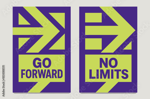 Bold Geometric Banners. Unstoppable. Two vertical A6 banners with safe margins, centered composition, no elements touching edges, geometric, royal purple and