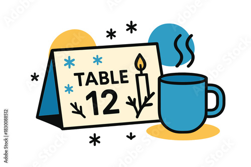Festive Table Card. Holiday Dinner Place Card. Snowflake icons sprinkle around a card labeled ?Table ,? beside a simple branch and candle silhouette. Warm