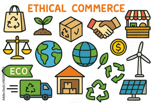 Ethical Commerce Doodles. ethical commerce. Colorful Hand-drawn doodle Children illustration ethical commerce globe, shopping bag, recycled box, plant,