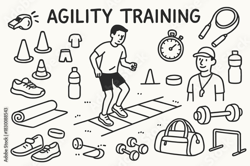 Agility Training Essentials. Agility Training. Hand-drawn doodle illustration Agility Training person stepping on agility ladder, cones, sneakers, stopwatch,