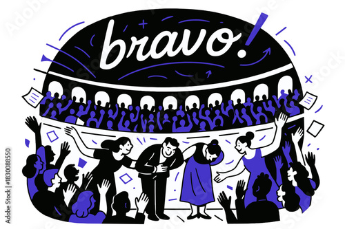 Energetic Standing Ovation. Amphitheater ? Standing Ovation. The crowd rises in a wave; programs flutter like confetti as actors bow. Caption ?bravo!? sweeps