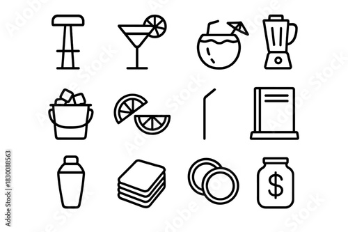 Pool Bar Icon Set. Pool Bar. Line icon set of Pool Bar: bar stool, cocktail glass, coconut drink, blender, ice bucket, fruit garnish, straw, menu board,