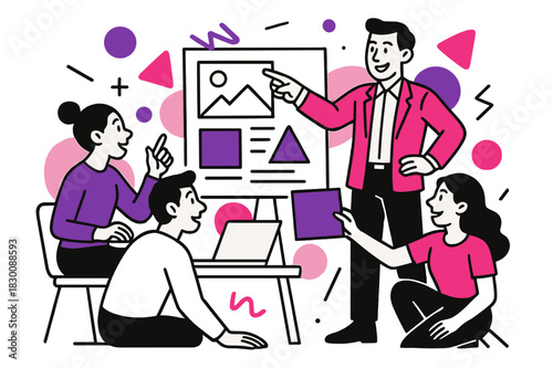 Creative Project Collaboration. Team Leaders Guiding Teams in Creative Projects. Team collaborating on a design board with leader giving directions, floating