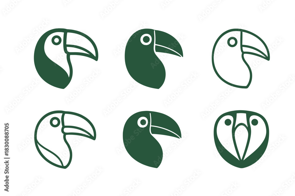 Obraz premium Toucan Logo Variations. Rainforest wildlife. Set Logo of Rainforest wildlife: toucan beak profile. harmonious logo variations of the same emblematic concept,
