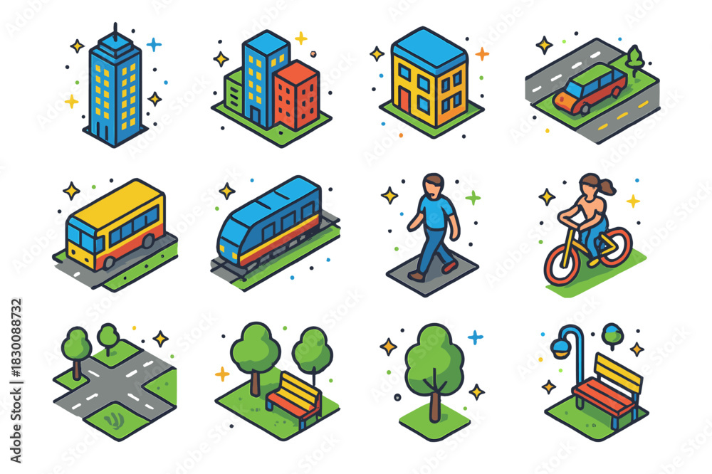 Fototapeta premium Vibrant Cityscape Icons. cities. Colorful isometric vector icons set of cities: skyscrapers, buildings, cars, buses, trains, bicycles, pedestrians, streets,
