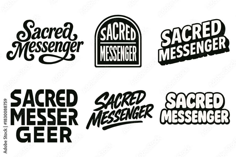 Obraz premium Sacred Lettering Variations. Sacred Messenger. Set lettering. harmonious lettering variations of the same emblematic concept (Whimsical curly type with