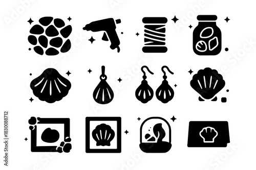Seashell Craft Icons. Seashell Crafts. Solid icons set of Seashell Crafts: shell mosaic, glue gun, twine, jar of shells, painted shell, shell pendant, shell