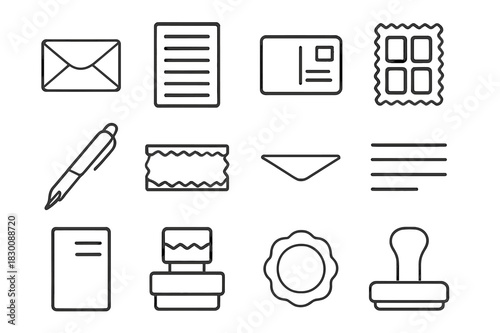 Postal Stationery Icons. Postal Stationery. Line icon set of Postal Stationery: envelope, letter sheet, postcard, stamp sheet, writing pen, air mail label,