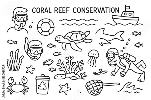 Coral Reef Icons. Coral Reef Conservation. Hand-drawn doodle illustration Coral Reef Conservation coral reef, fish, turtle, dolphin, seaweed, crab, starfish,
