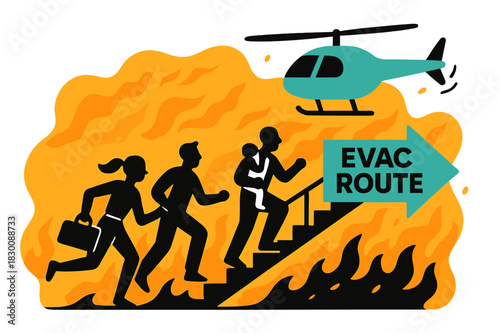 Wildfire Air Evacuation. Wildfire Evacuation. Heat shimmer bends into saffron waves; rotors kick ash while silhouettes board fast. A bold ?EVAC ROUTE? arrow