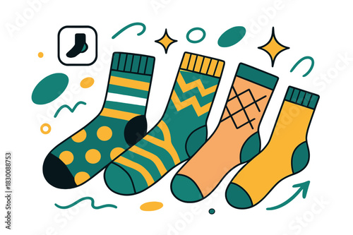 Colorful Fashion Socks Display. Socks. Colorful patterned socks displayed on flat surface with abstract floating shapes, lines, and sparkles; emphasizes