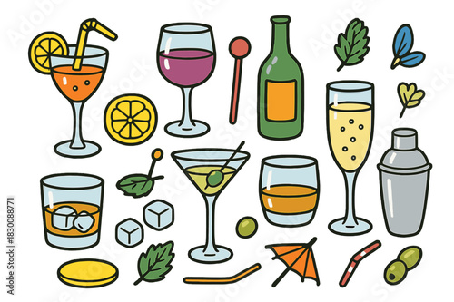 Colorful Drink Doodles. sophisticated drinks. Colorful Hand-drawn doodle Children illustration sophisticated drinks cocktail glass, wine glass, martini,