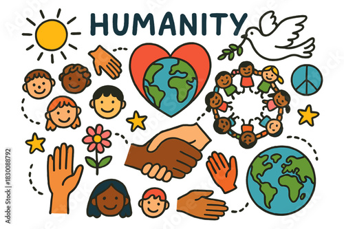 Colorful Humanity Doodle. Humanity. Colorful Hand-drawn doodle Children illustration Humanity people of all colors, handshake, heart globe, smiling faces,
