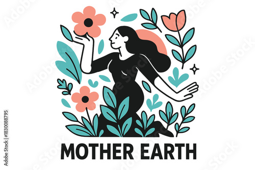 Nature's Vibrant Harmony. The power of nature, blooming flowers, greenery surrounding, Mother earth phrase. Modern flat-line illustration, clean geometric