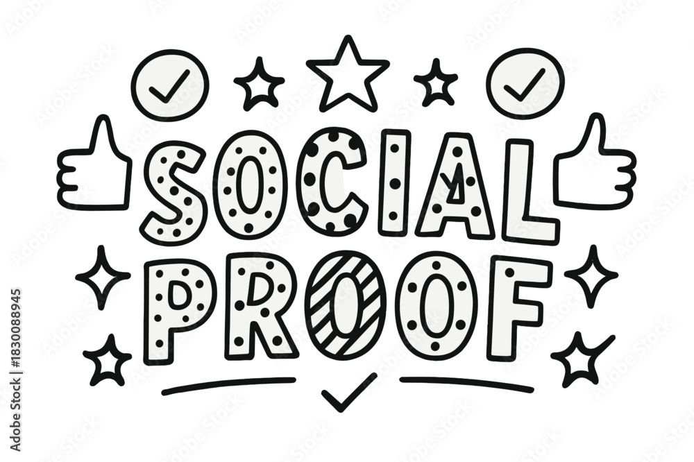 Fototapeta premium Playful Social Proof. Social Proof ? playful decorative display lettering; patterned letters (dots/stripes/stars), gently arched word-shape; framed with small
