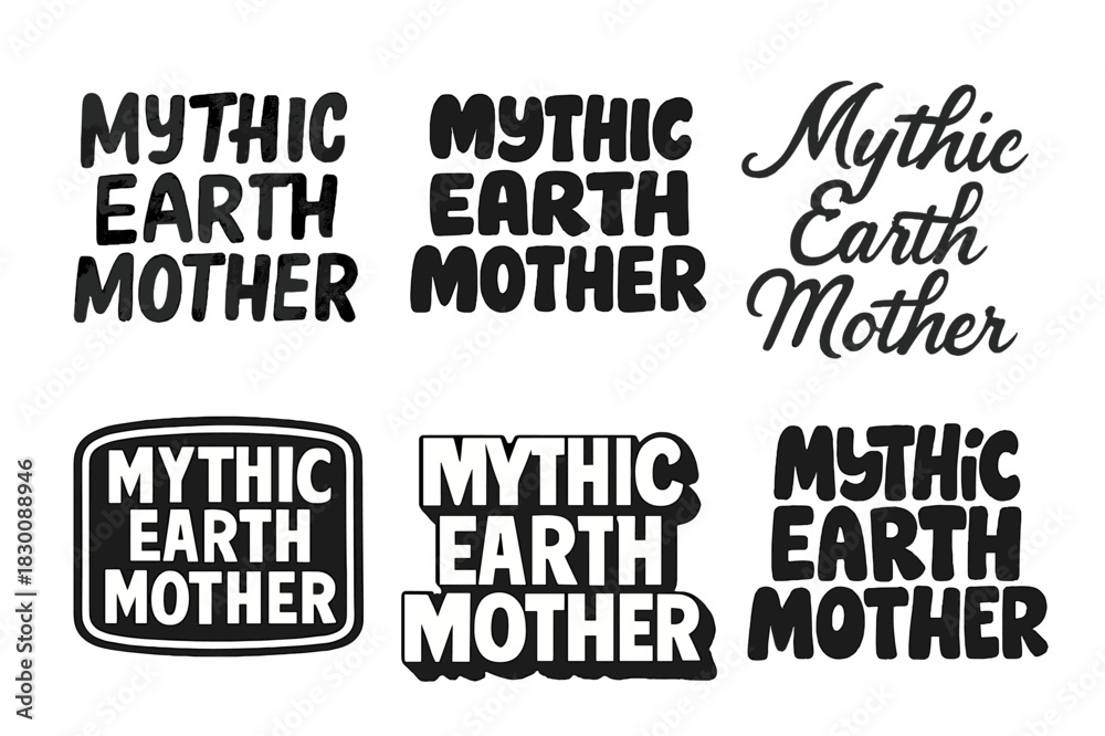 Fototapeta premium Diverse Lettering Styles. Mythic Earth Mother. Set lettering. harmonious lettering variations of the same emblematic concept (Grunge textured brush lettering,