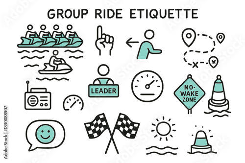 Group Ride Etiquette Icons. // Group ride etiquette. Hand-drawn doodle illustration Group ride etiquette [formation icons (accented), hand signal (accented),